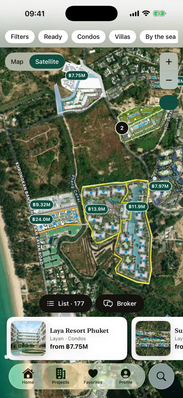 Gardens of Eden and nearby Layan master plans on satellite imagery